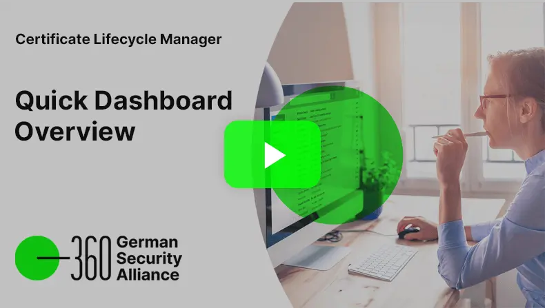 "Video thumbnail of a person sitting at a desk, reviewing information on a computer, for a video by the German Security Alliance titled 'Quick Dashboard Overview' 360° GSA, with a play button centered in the image